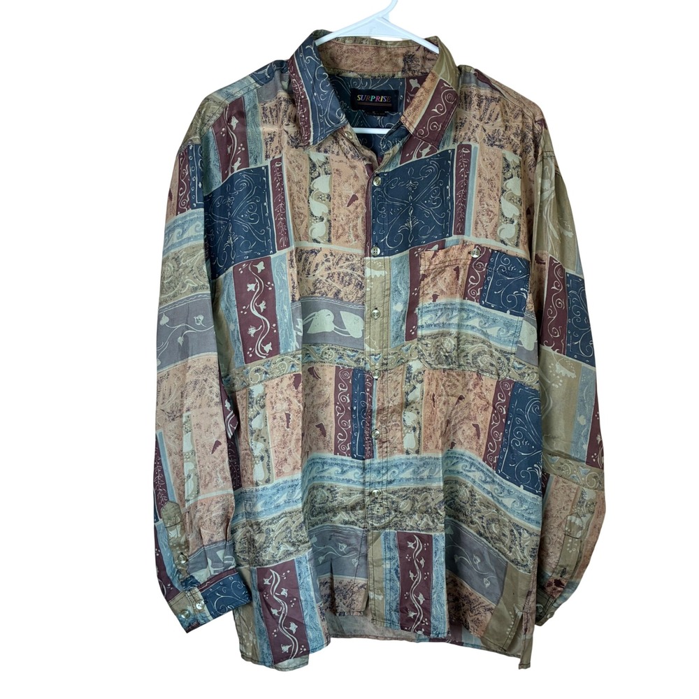 Vintage 90s Surprise 100% Silk Shirt Mens M Abstract Patchwork Button Up Korea